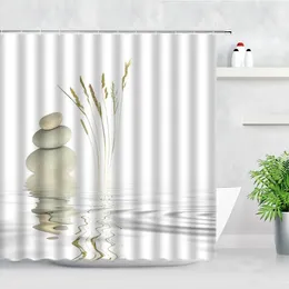 Rideaux de douche Rideau Zen pour décor de salle de bain asiatique Pierre de galets gris naturel avec herbe sauvage sur l'étang bain d'eau ondulé