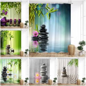 Douchegordijnen Zen gordijn groen bamboe lotus waterstroom schilderachtige spa kaarse steen paarse orchidee huis badkamer decor met haken