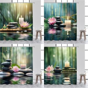 Rideaux de douche zen rideau paysage lotus bougie rivière pierre en bambou vert forêt de la forêt en polyester moderne décor de salle de bain