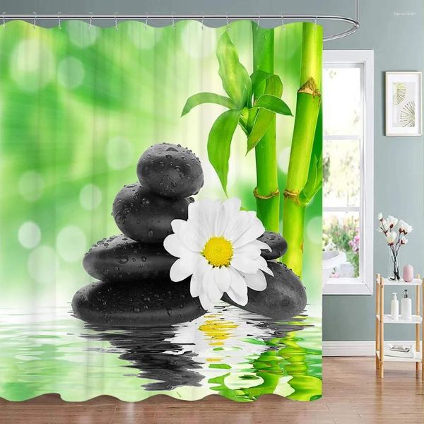 Cortinas de ducha Zen Cortina Lotus Paisaje Meditación Piedra Verde Bambú Flor Planta Decoración de baño