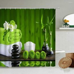 Rideaux de douche zen rideau pierre verte bambou coule coulant spa jardin orchidée fleur de salle de bain déco avec écran de crochet lavable