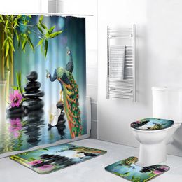 Courteaux de douche zen jardin ensemble de paon fleur d'oiseau vert bambou paysage spa massage en pierre de salle de bain baignoire de salle de bain tapis de toilette