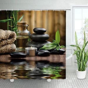 Rideaux de douche Zen vert bambou pierres noires et Spa jardin japonais paysage rideau de bain tissu polyester ensembles de décoration de salle de bain