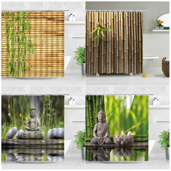 Cortinas de ducha Zen verde bambú Buda cortina de ducha paisaje agua vela piedra lotu planta jardín paisaje impermeable baño cortina pantalla 230322