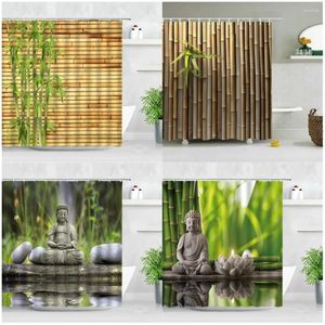 Rideaux de douche zen vert bambou bouddha coule de bougie en pierre lotus plante jardin paysage 3d décoration intérieure crochets de salle de bain rideau de salle de bain