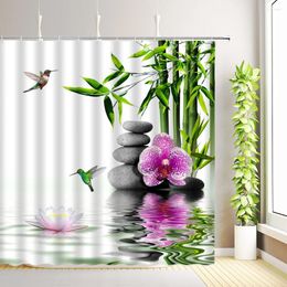 Rideaux de douche Zen vert bambou rideau Lotus orchidée colibri fleurs plantes noir pierre Spa Nature paysage tissu salle de bain décor