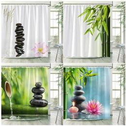 Rideaux de douche zen vert bambou rose lotus noire en pierre courante couture de la nature couture de bain moderne en tissu moderne ensembles
