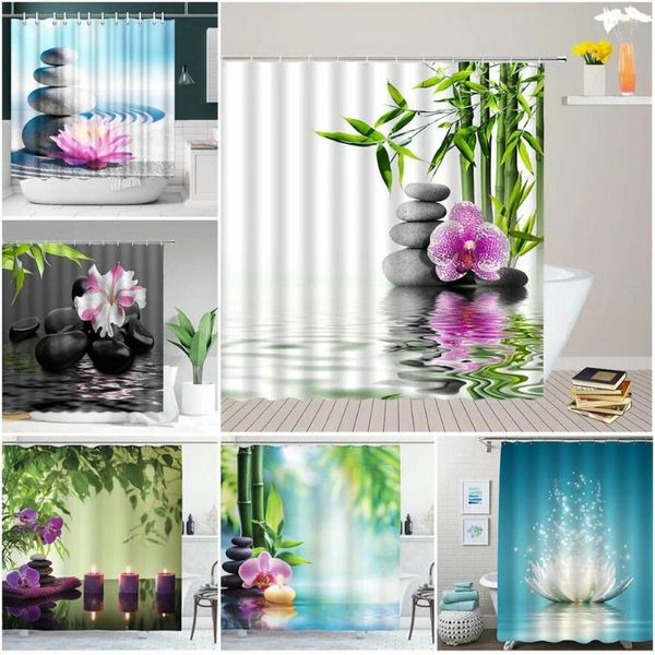 Cortinas de ducha Zen Green Bamboo Purple Flower Stone Reflection Water Landscape Spa Garden Accesorios de baño Conjunto de cortinas de baño