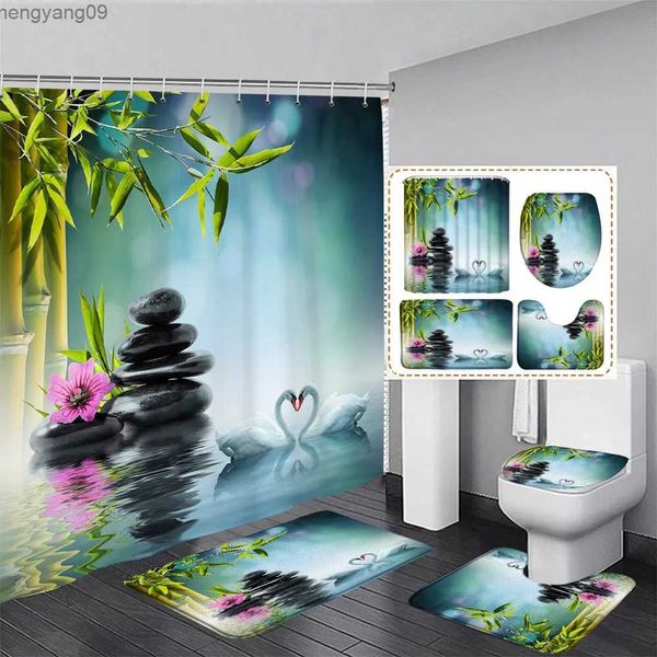 Cortinas de ducha Juego de cortinas de ducha de bambú verde Zen, orquídea de loto rosa, piedra gris, paisaje de Spa, decoración de baño, alfombras de baño, cubierta de inodoro R231114