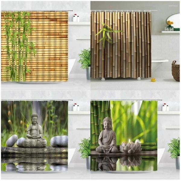 Rideaux de douche zen vert bambou pierre bouddha lotus chande