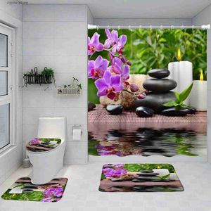 Douchegordijnen Zen Douchegordijn Set Paarse Orchidee Zwarte Steen Groene Bamboe Tuin Landschap Badkamer Decor Antislip Tapijt Badmatten Toilethoes Y240316