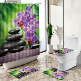 Rideaux de douche Ensemble de rideau de douche Zen Spa eau fleur d'orchidée pierre vert bambou tapis de piédestal antidérapant couverture de toilette tapis de bain maison salle de bain déco Y240316