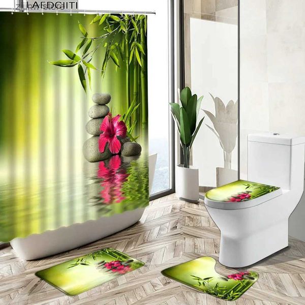 Rideaux de douche Rideaux de douche Zen Ensembles de salle de bain sur le thème du spa Vert Bambou Pierre Fleurs Eau Tapis antidérapant Housse de toilette Tapis de sol lavable Y240316