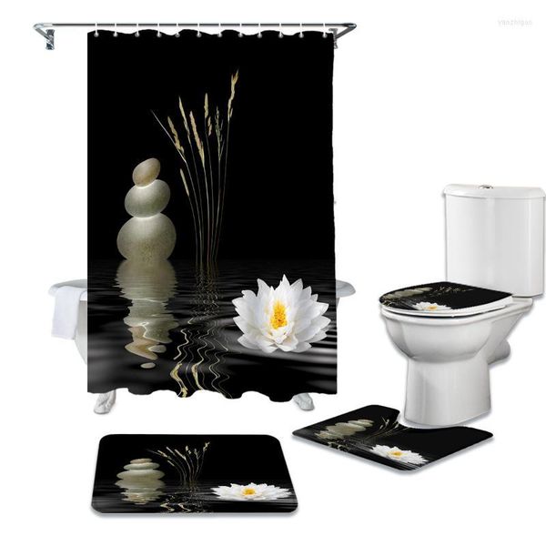 Rideaux de douche Zen pierres blanc Lotus noir imperméable rideau de salle de bain tapis de couverture de toilette tapis antidérapant ensemble pour décor de baignoire