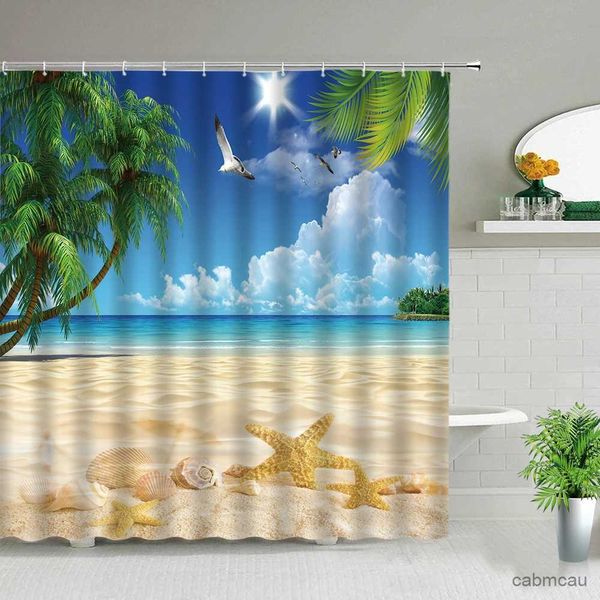 Cortina de ducha, cartel de concha de estrella de mar, cortina de baño impermeable, paisaje de playa, cortina para el baño con tejido de poliéster, decoración del baño