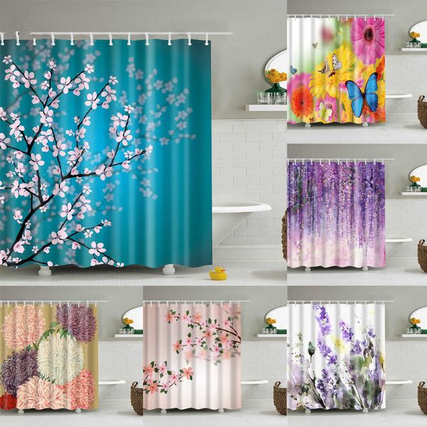 Cortina de ducha de moda con diseño de flor de loto, lavanda y rosa, cortina de baño, decoración de tela para ducha, cortina de ducha con