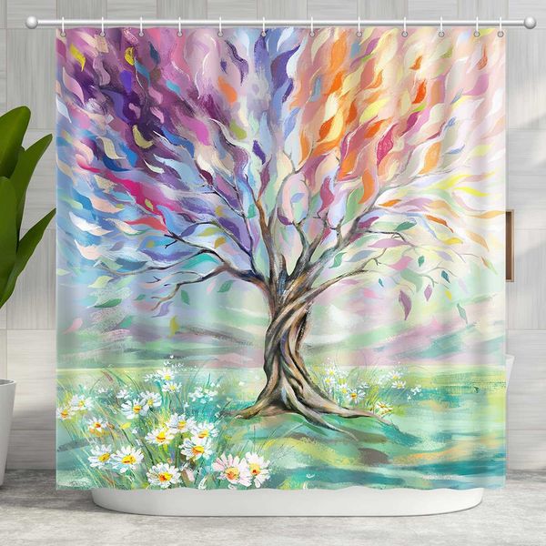 Rideau de douche avec peinture d'arbre de saisons colorées, pour salle de bain, avec tissu en Polyester, ensembles imperméables lavables