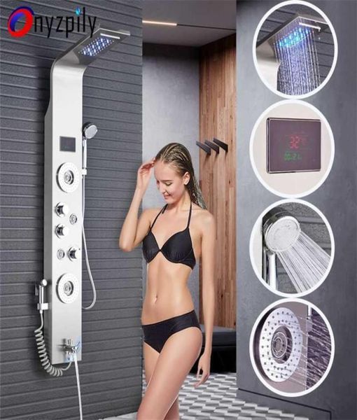 Panel de ducha LED lluvia cascada cabeza sistema de masaje de lluvia chorros corporales mano panel de baño de acero inoxidable 2112295657903