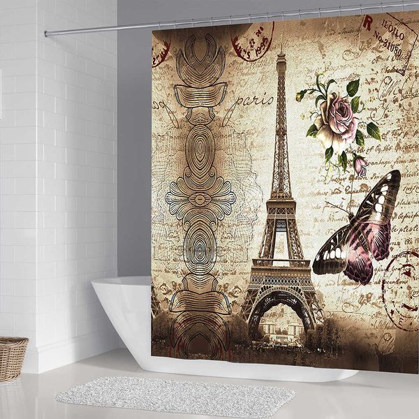 Douche Paris rideau de douche marron Vintage tour Eiffel rideau de douche tissu fleur salle de bain douche avec
