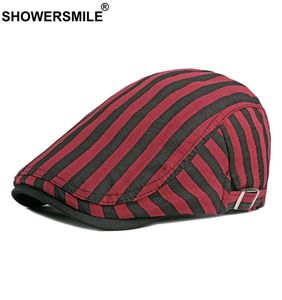 Douche Red Black Striped Mens Berets 100% coton Style britannique Caps plats vintage pour hommes Artiste d'été printemps Chapeau LJ2011252430535