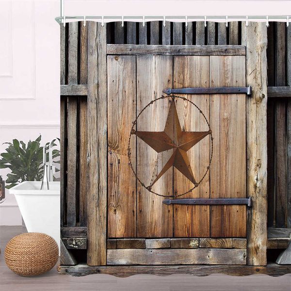 Cortina de ducha de estrella de Texas, tablero de madera rústico, puerta de Granero de herradura, decoración de baño de campo Vintage, juego de baño de tela