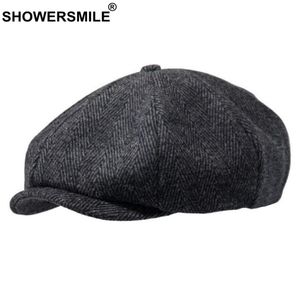 SHOWERSMILE – casquettes de journal en laine pour hommes et femmes, casquettes plates à chevrons grises, café britannique Gatsby, chapeaux en laine pour automne et hiver