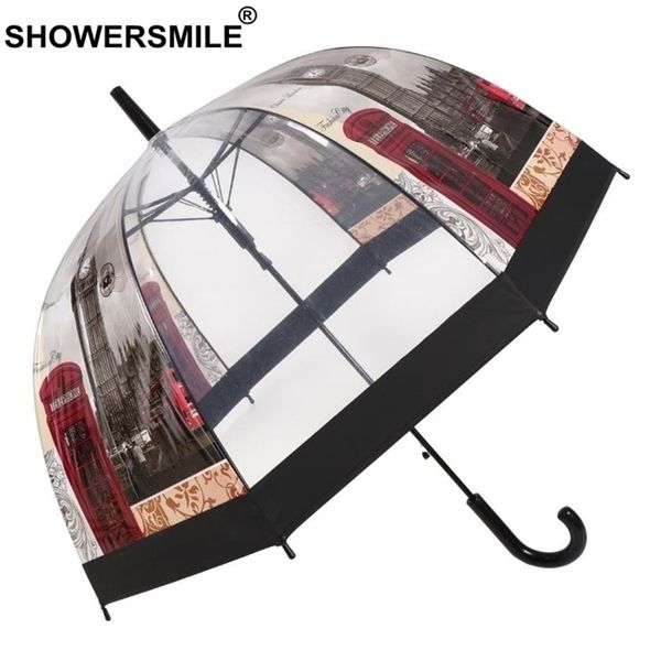 SHOWERSMILE Parapluie Transparent Automatique Femmes Cage S Longue Poignée British London Building Dames Apollo Rain Y200324