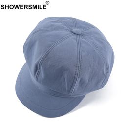 Showersmile para mujer sombreros sboy de verano sombrero azul de algodón algodón femenino cubo plano plano casual damas retro Ivy Cabbie 240326