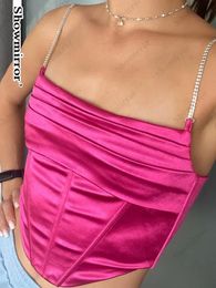 Showmirror Vintage Mode Satin Diamant Bretelles Corset Top pour Femmes Dos Nu Camis Crop Tops Fête Hauts Sans Manche Drapé Tissu 240312