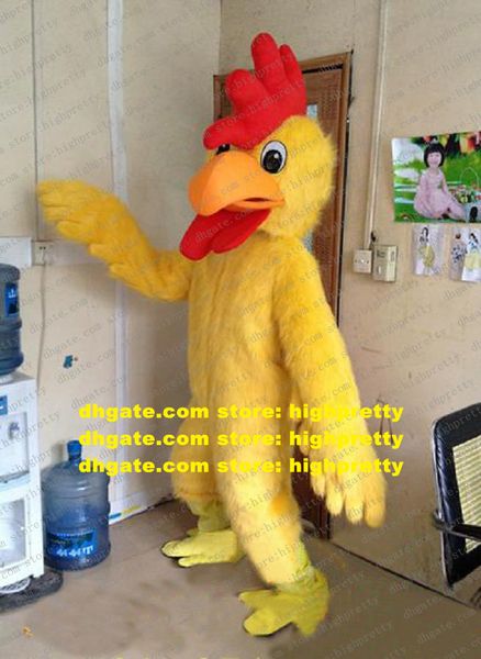 Costume de mascotte astucieuse jaune long coq de fourrure de fourrure