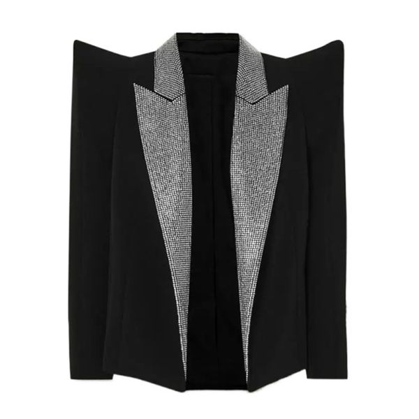 Encogimiento de hombros Diamantes Collar Blazer Mujeres Negro Otoño Chaqueta Femenina Moda Hombro Blazers Traje Alta Calidad Dropship 211019