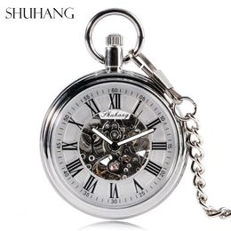 SHUHANG Monteur Horloge Mannen Automatische Zelfopwindende Pocket Zilver Eenvoudige Open Gezicht Ketting Hanger met Romeins Nummer 240103