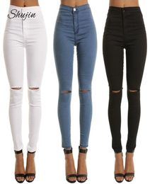 Shujin High Taille Casual Skinny Jeans for Women Hole Vintage Girls Slim gescheurde denim potloodbroek hoge elasticiteit zwart blauw MX1905435474