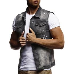 Shujin heren slim fit mouwloze jeans jas 2019 zomer mode klassieke denim vest zwart turn-down kraag jeans vest T200117