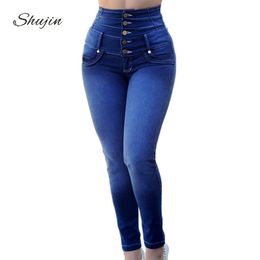Shujin dames lente stretch hoge taille casual recht-breasted jeans femme slanke solide denim plus size 3XL jeans broek 2019 y19042901