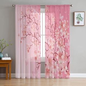 Volets Cherry Blossom papillon rose en tulle rideaux pour le salon chambre voile rideau à la maison décoration transparent de la porte balcon rideau