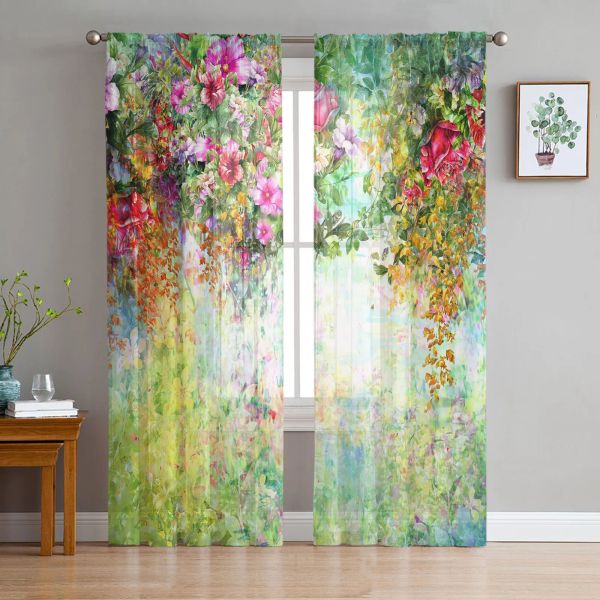 Volets rideaux transparents de luxe fleur aquarelle vigne cuisine chambre salon rideaux en tulle étud