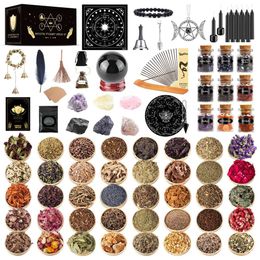 SHYSHINY Wiccan et protection des outils, paquet de 127 fournitures de sorcellerie, cadeau de sorcière pour débutants, herbes séchées, cristaux, bougies, kit de sorts de sorcière