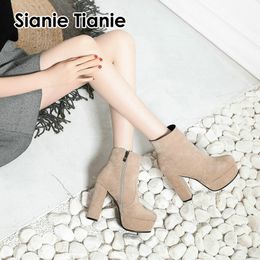 Sianie Tianie faux daim plate-forme bottines fermeture éclair solide jaune noir mode femme chaussons chaussures bloc talons hauts femmes bottes