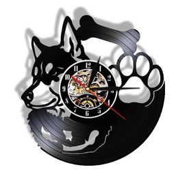 Siberian Husky Vinyl Record Reloj Wall Reloj no ticking Pet Shop Vintage Art Decor Hanging Watch Breed Dog Husky Propietario Idea de regalo X0287V
