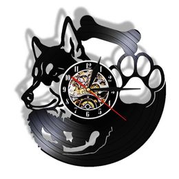 Siberische Husky Vinyl Record Wandklok Niet tikkende Pet Shop Vintage Art Decor Hanghorloge Hondenras Husky Hond Eigenaar Cadeau Idee X0244i