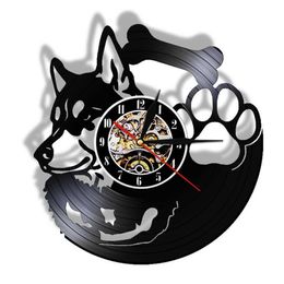 Siberische Husky Vinyl Record Wandklok Niet tikkende Pet Shop Vintage Art Decor Hanghorloge Hondenras Husky Hond Eigenaar Cadeau Idee X0289b