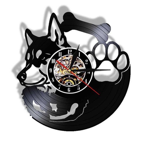 Husky sibérien disque vinyle horloge murale sans tic-tac animalerie Vintage Art décor suspendu montre chien race Husky chien propriétaire idée cadeau X0244i