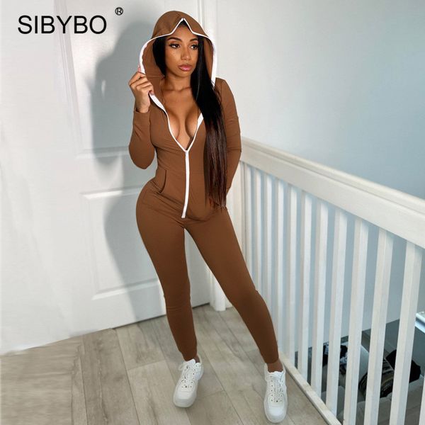 Sibybo Automne Hiver À Capuche Combinaison Barboteuse Femmes À Manches Longues Zipper Sport Casual Combinaisons Noir Streetwear Mince Sexy Salopette 220801