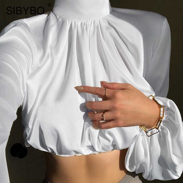 SIBYBO Satin Turtleneck Slim Sexy T-shirt Femmes Printemps Mode Lanterne Manches Crop Top Femmes Solid Casual Femmes T-shirt Court X0628
