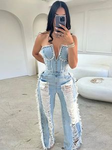 Sibybo Kwastje Hol Overalls Voor Vrouwen Bezaaid Diamant Strapless Backless Jeans Street Fashion Trend Jumpsuite Femme 240202