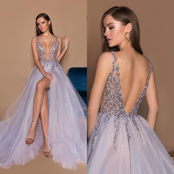 Côté Berta Perlé Split Robes De Bal Paillettes Sheer Col En V Profond Robe Dos Nu Tenue De Soirée Plus La Taille Tulle Celebrity Robes Formelles