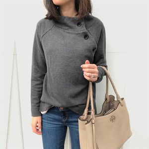 Side Button Slank Sweatshirt Dames Lange Mouw Casual Pullovers Tops Herfst Winter Basic Basic Female Hoodies Grijze Leger Groene Marineblauw 210507