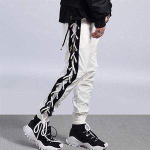 Side Cross Lace Up Strings Men Jogger broek Zwart -witte panelen Track Pants205F