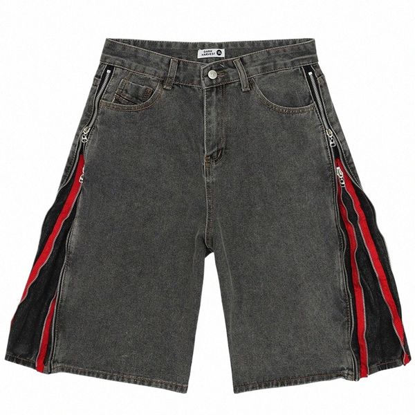 Side Double Zip Men Summer Fi Diseñador de calles Haruku Denim Hombre Hip Hop Jeans Shorts e4ft#